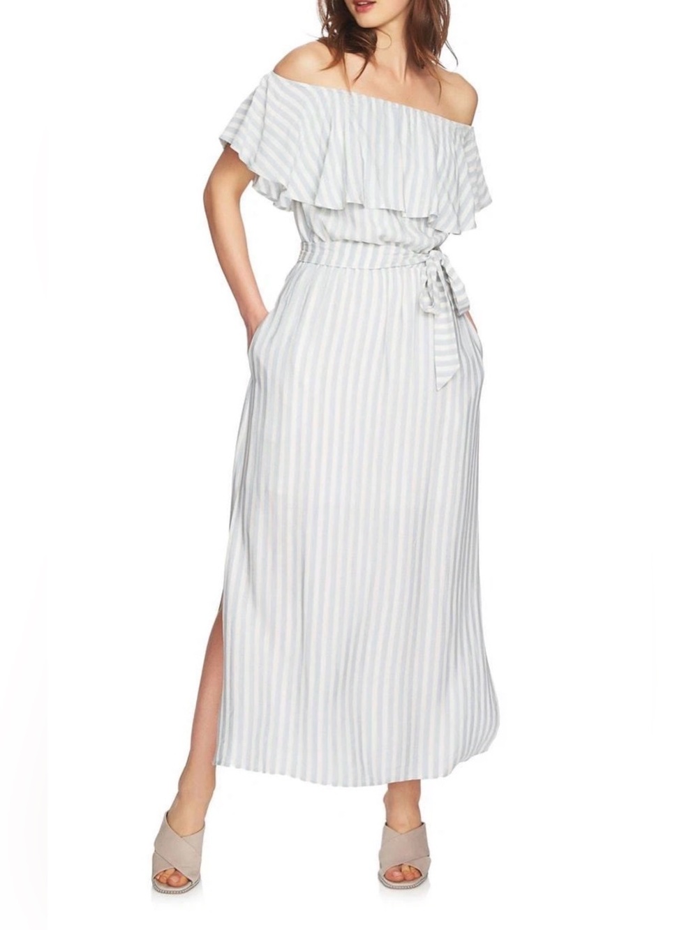 1. State Light Blue and White Striped Off-Shoulder Maxi Dress with POCKETS SzM